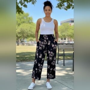 Three Dots Black Floral Wide Leg Pants